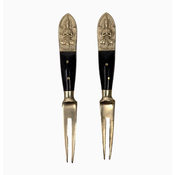 Vintage Cocktail Fork & Mini Spreader Buddha Bronze Brass Rosewood Siam Thailand - Picture 8 of 9